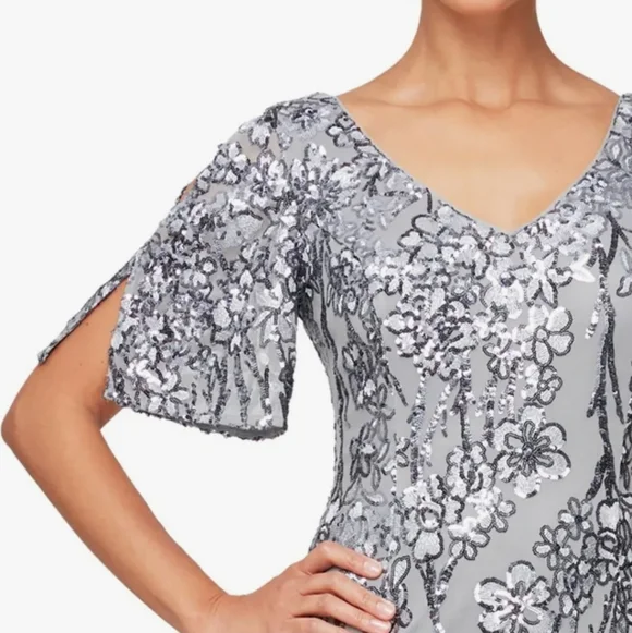 Alex Evenings V Neckline Sheath Dress with Cold-Shoulder Sleeves- Peacock - Picture 2 of 4